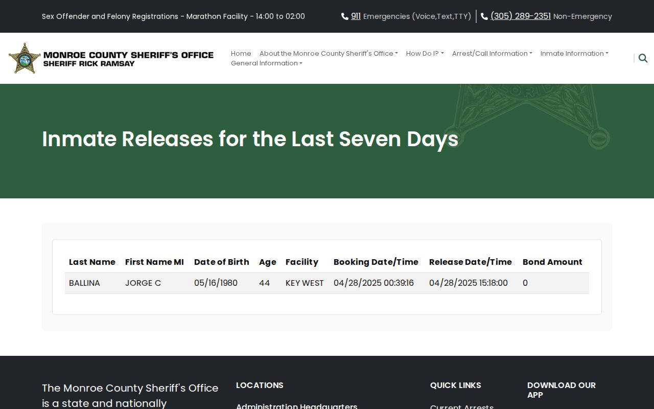 Monroe County 24-hour release source on the MCSO seven-day table