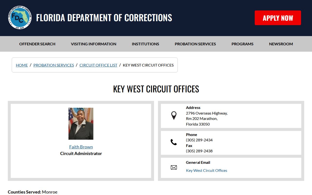 Florida Department of Corrections Circuit 16 Community Corrections office directory