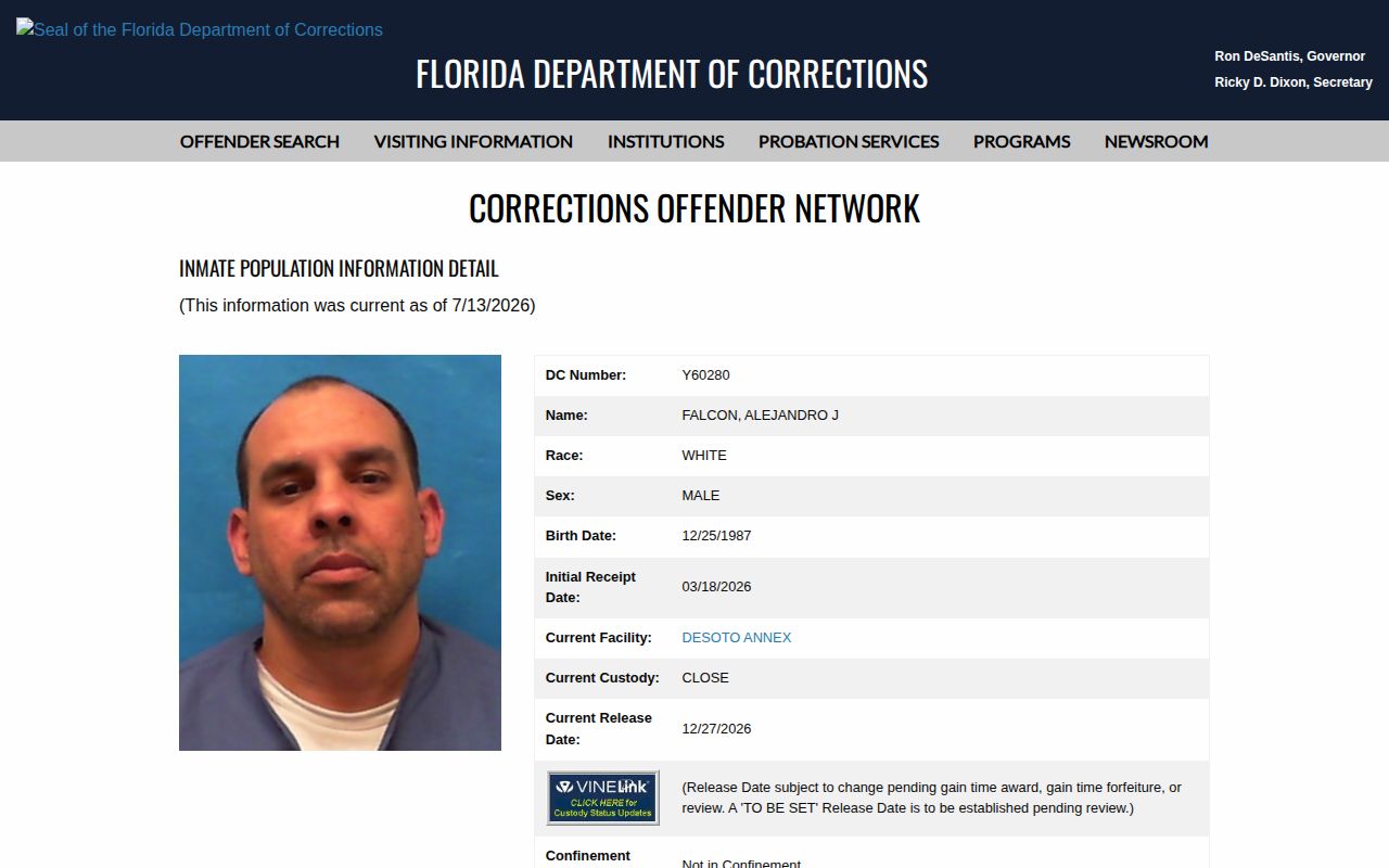 Florida Department of Corrections profile showing the Current Release Date field and warning