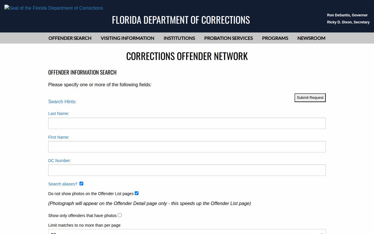 Florida offender search choices for Monroe County released inmates